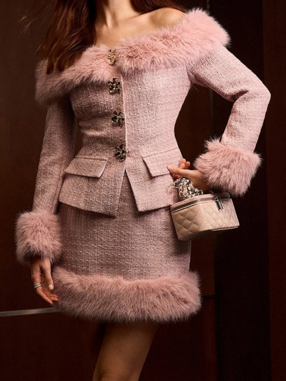 Pink Elegant Women's Faux Fur Off The Shoulder Jacket And Skirt Set - Picture 3 of 7